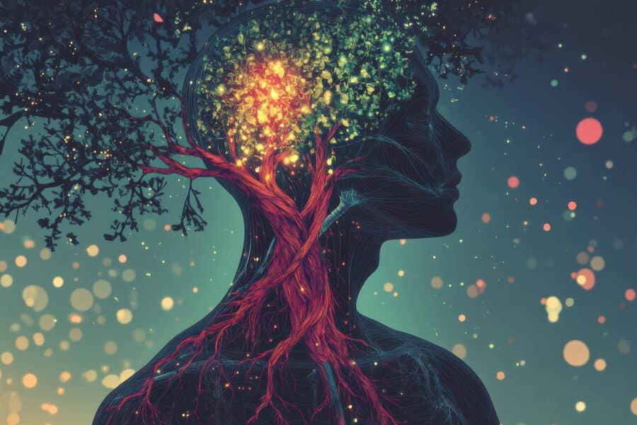 An abstract illustration of a human body with tree-like branches and leaves representing the vagus nerve, blending nature and anatomy.