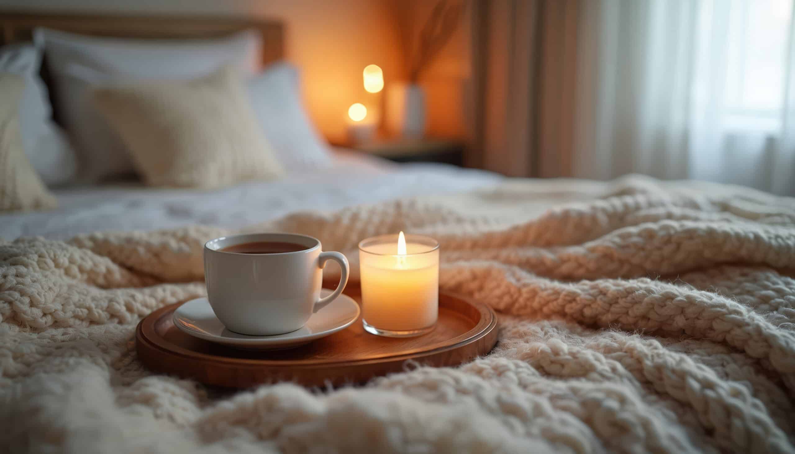 Warm knit blanket covers a cozy bed with a steaming cup of tea and lit candle. Soft light from bedside lamp creates inviting relaxing, atmosphere for quiet morning or evening rest.