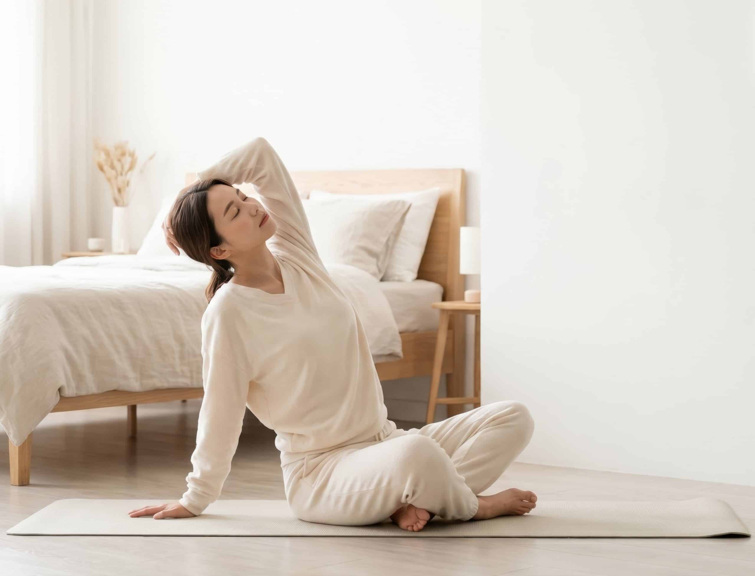 Woman doing a gentle seated stretch in a bright bedroom