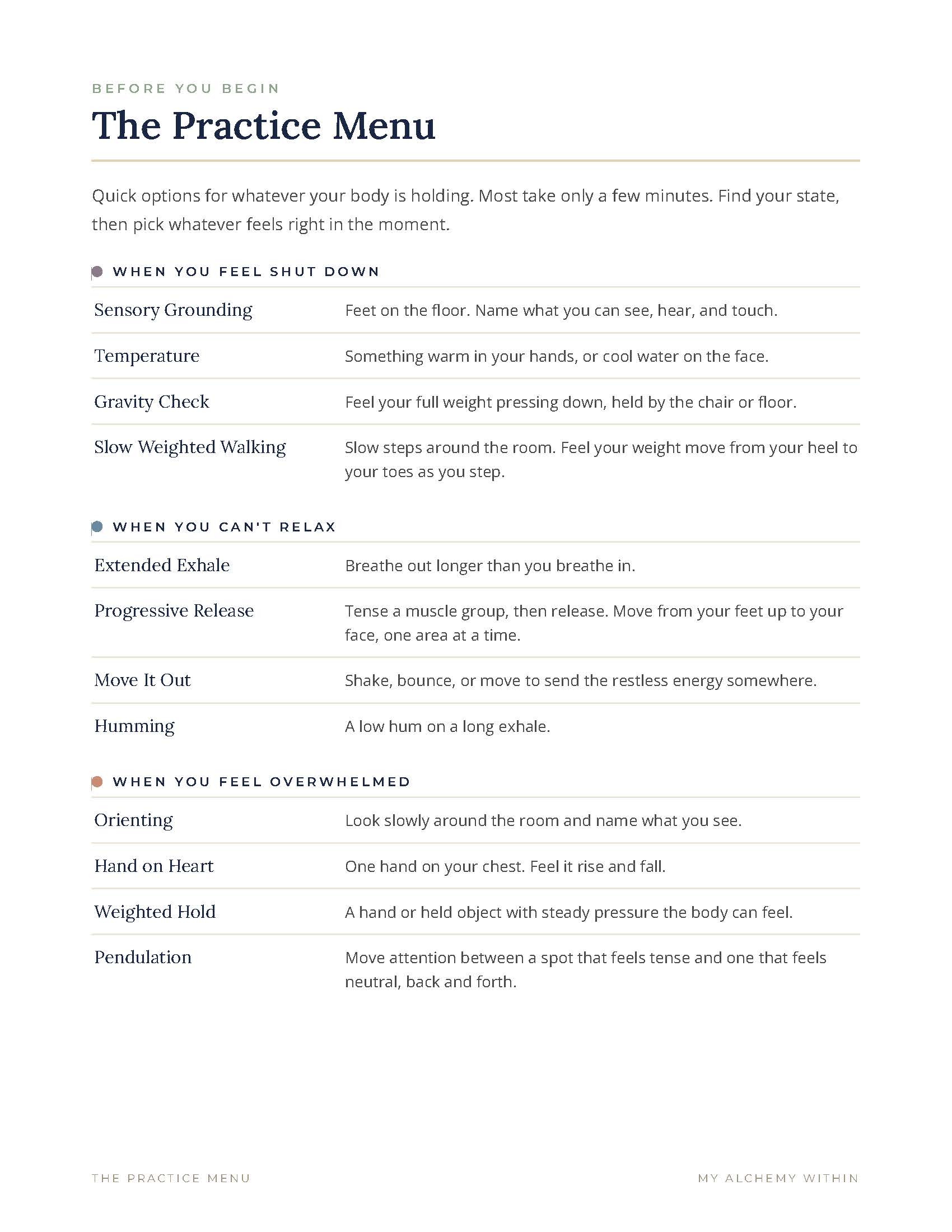 Practice menu page